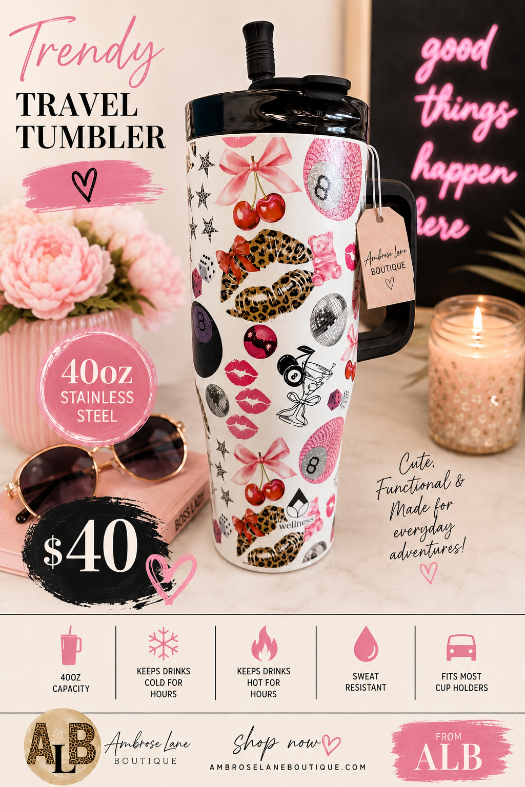 Pink Girly 40oz Travel Tumbler (RTS)