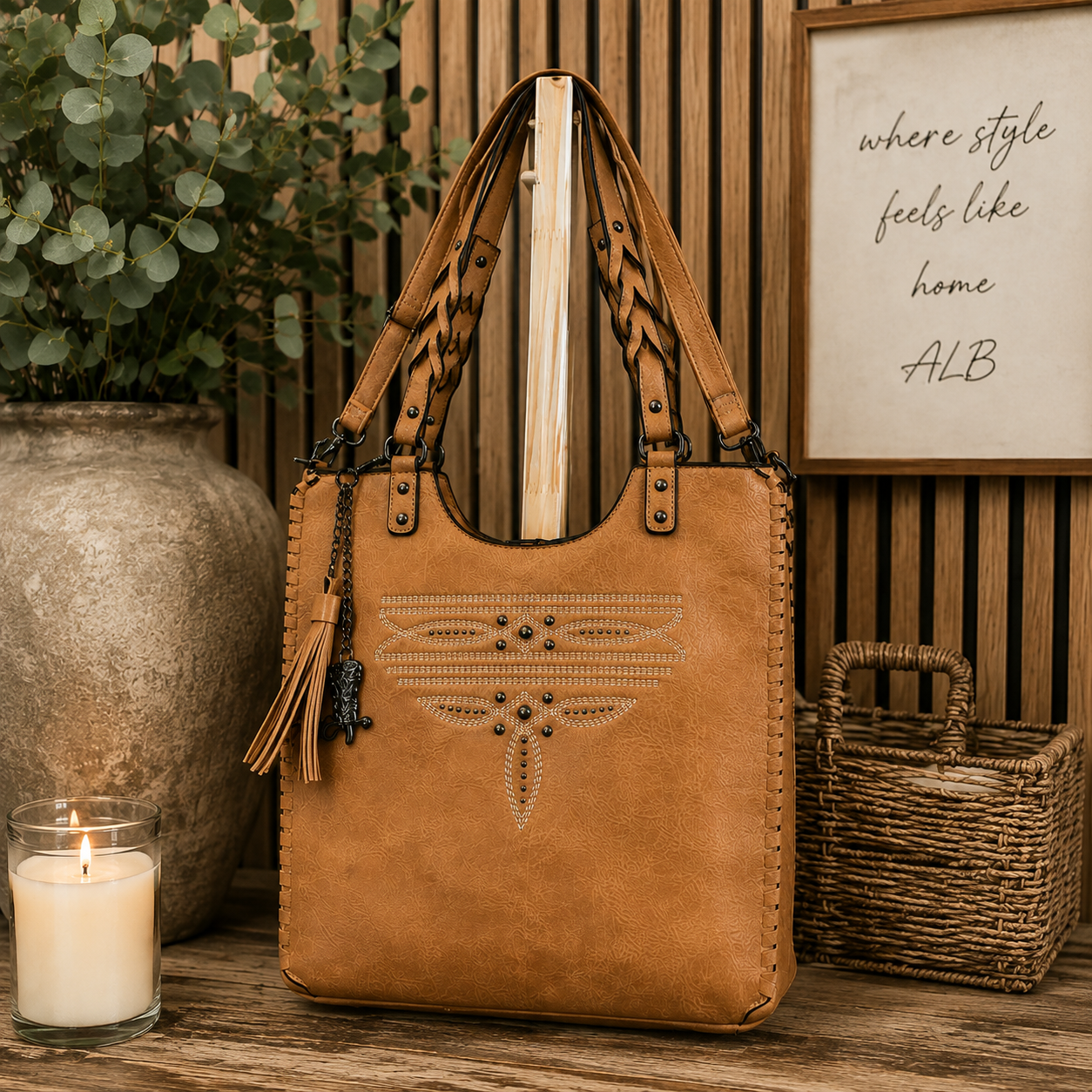 Studded Whipstitch Tote Bag – Tan (RTS)