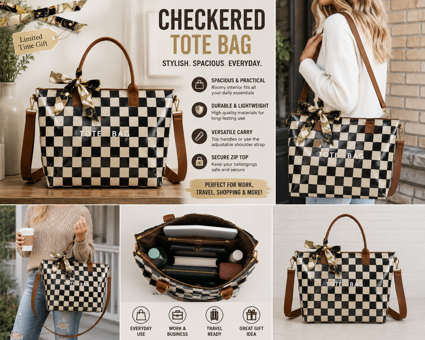 Black & Cream Checkered Tote Bag