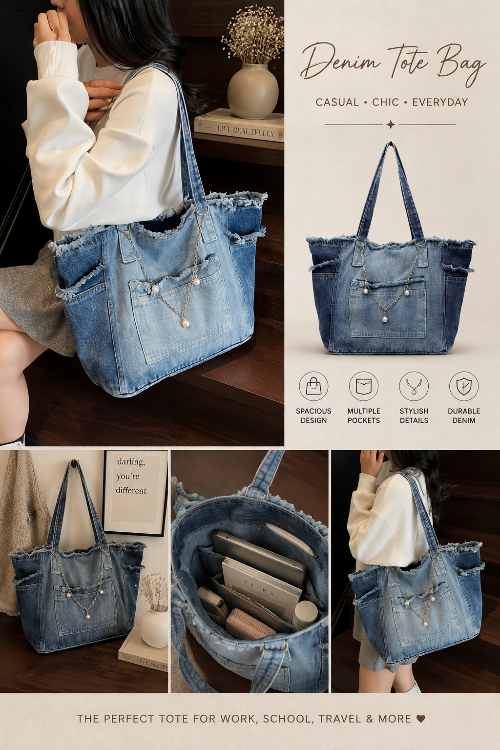 Denim Frayed Tote Bag