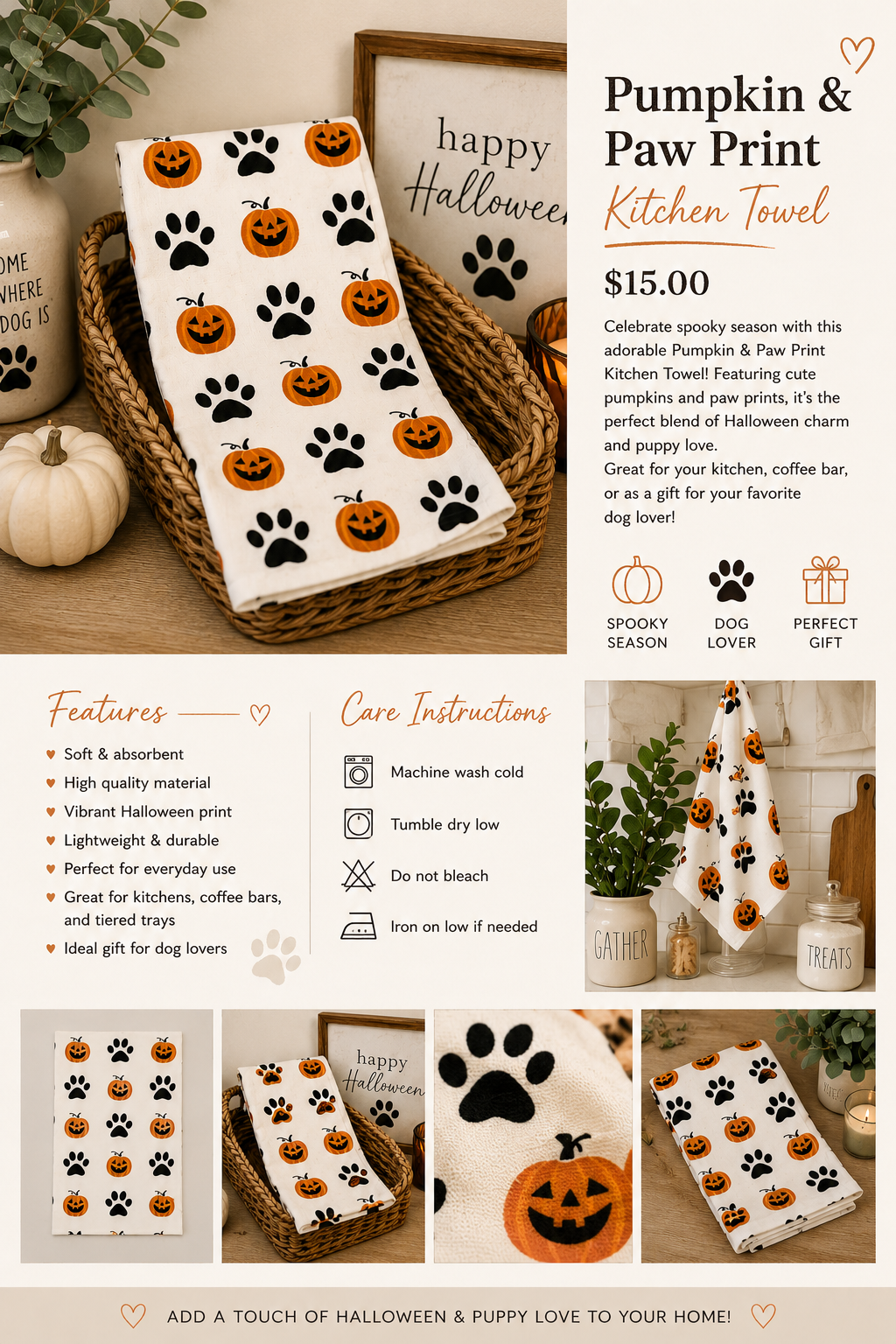 Pumpkin & Paw Print Kitchen Towel