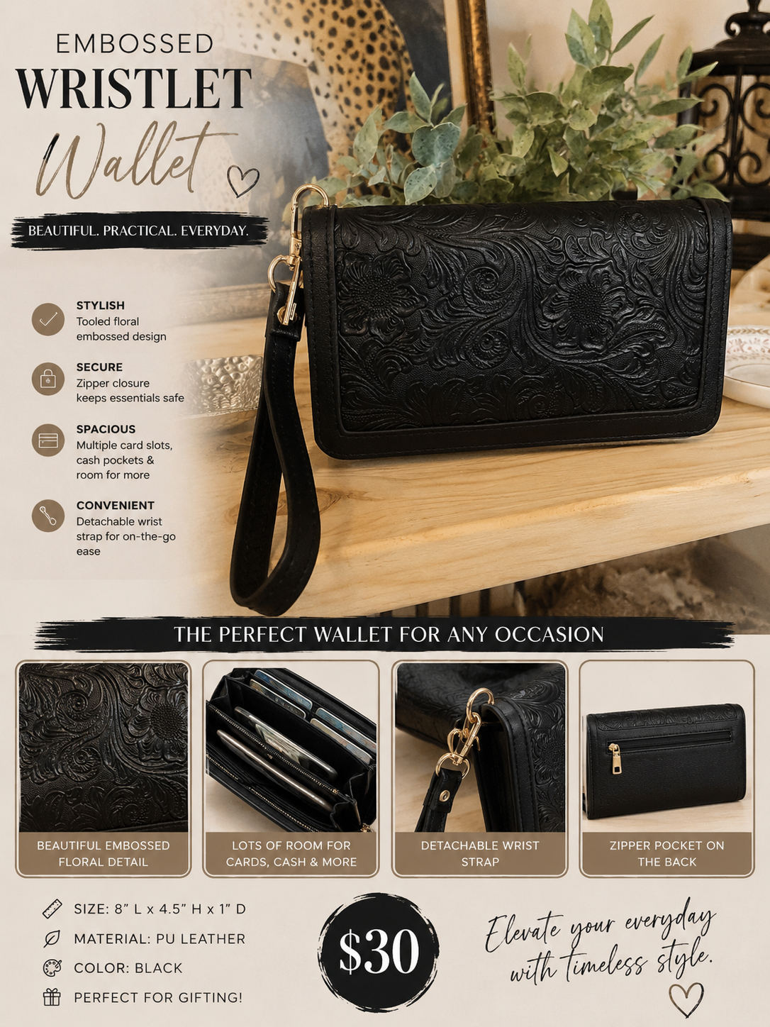 Black Embossed Floral Wristlet Wallet