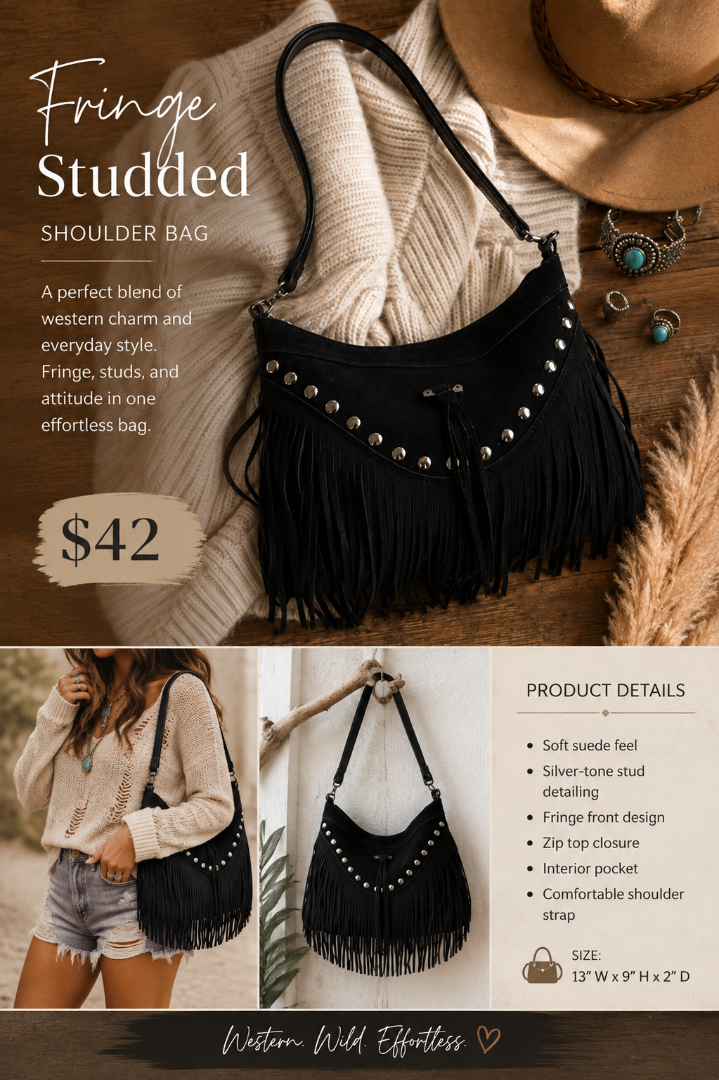Black Studded Fringe Shoulder Bag