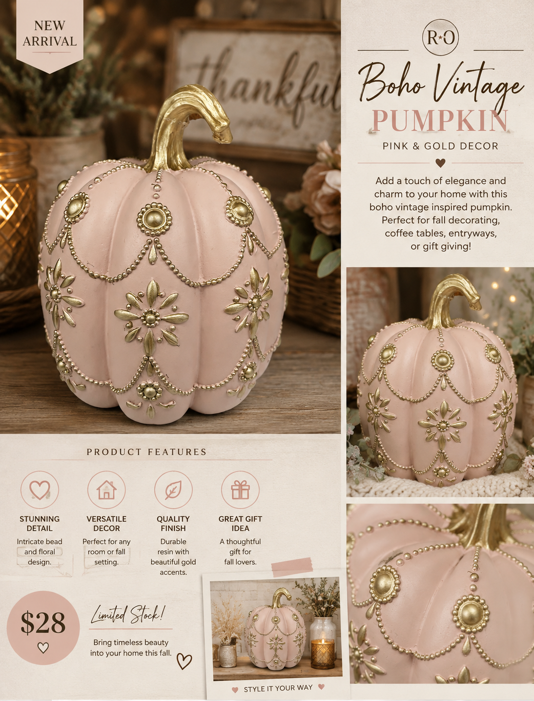 Blush & Gold Decorative Pumpkin