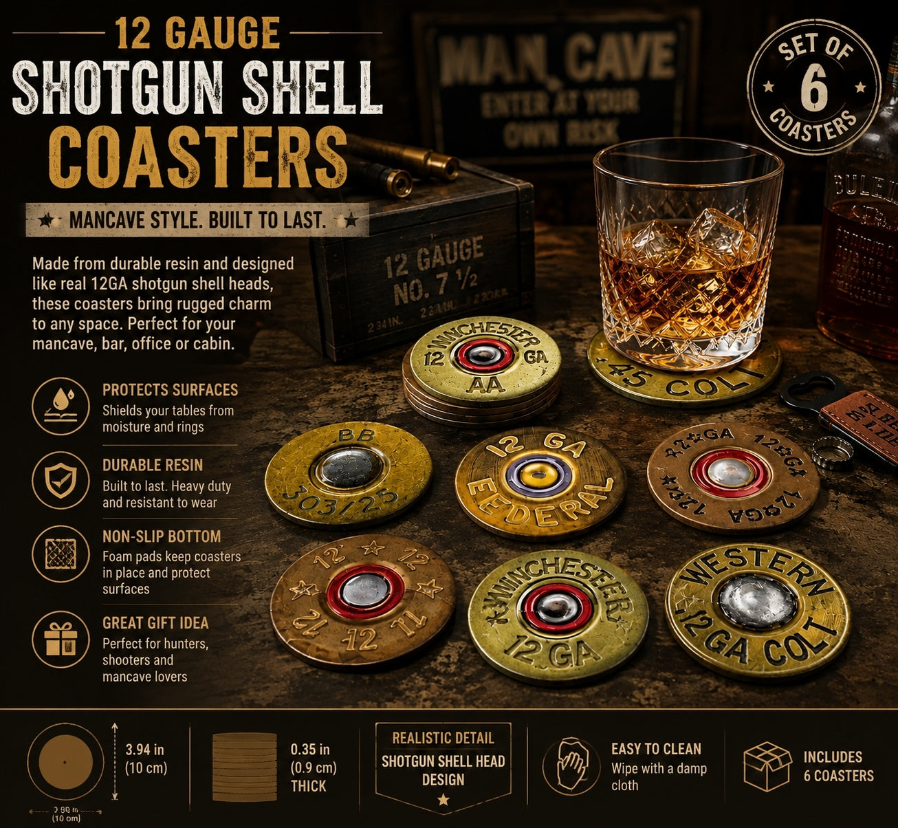Set of 6 unique coasters Mixed shotgun shell head designs
