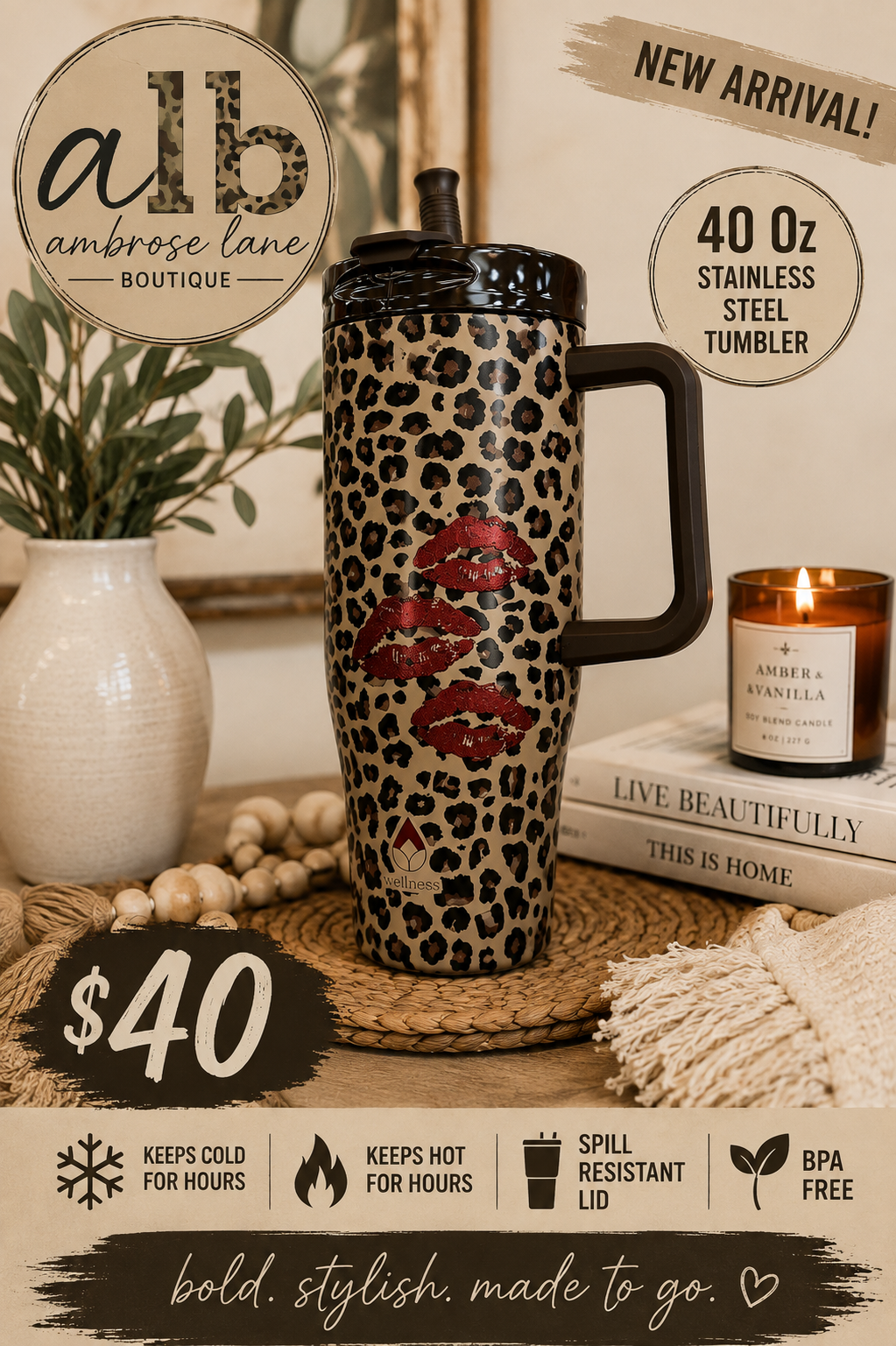 Leopard Lips 40 oz Stainless Steel Tumbler (RTS)