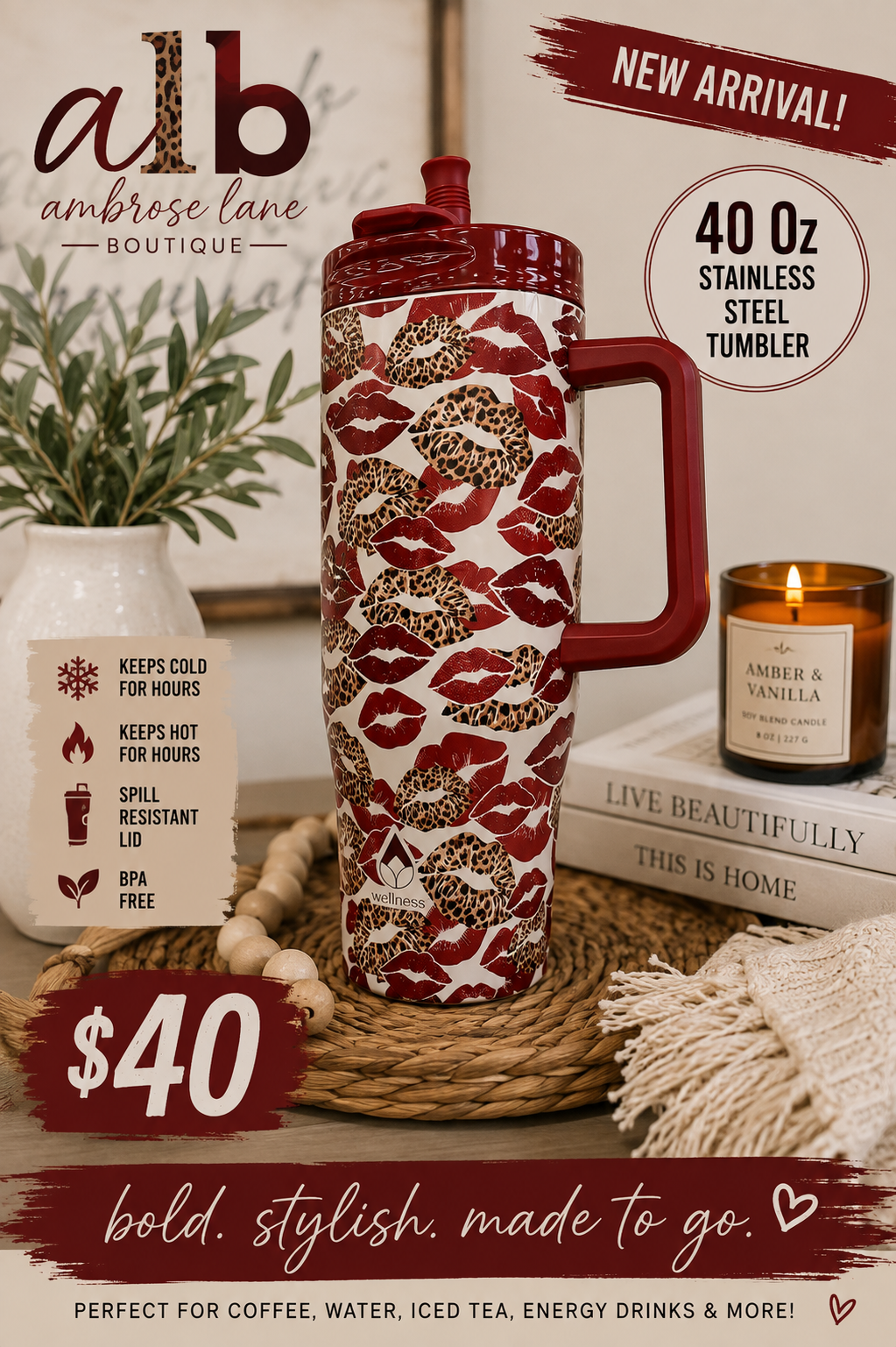 Leopard Lips 40 oz Stainless Steel Tumbler (RTS)