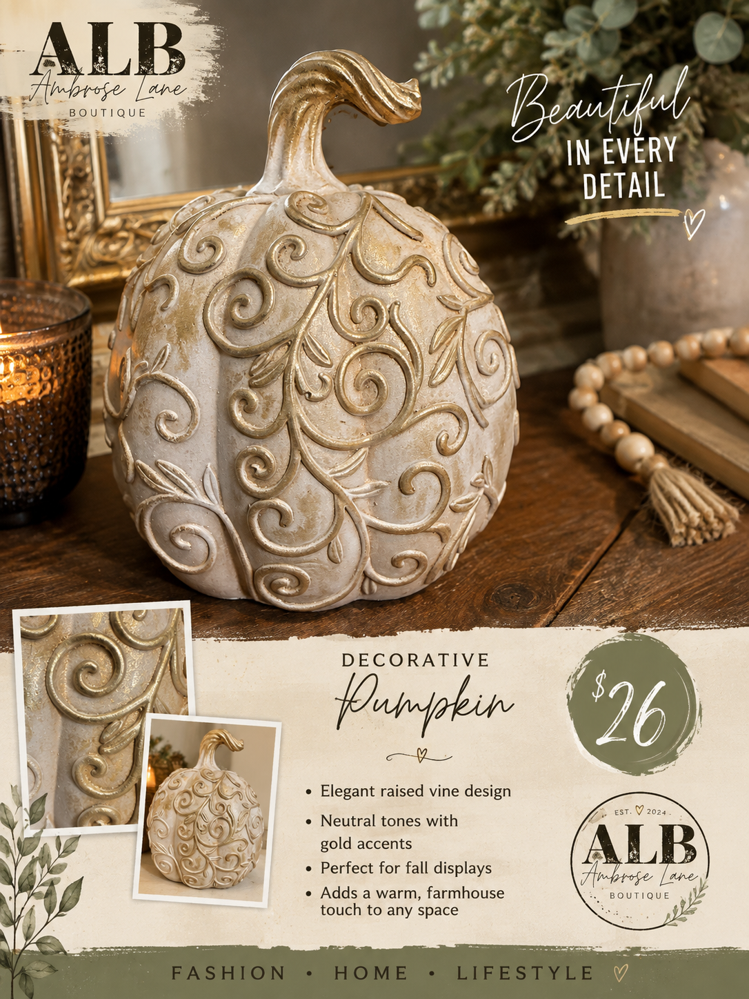 Decorative Embossed Pumpkin – Neutral Fall Tabletop Décor (RTS)