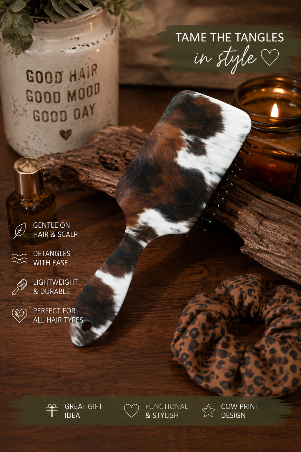 Cow Print Paddle Hair Brush